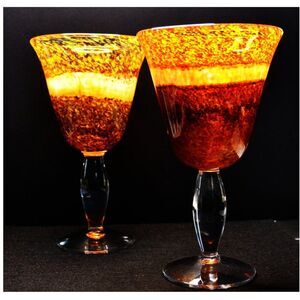 Hand Blown Art Glass Goblets Fiery Molten Orange Red Stemware Vintage Barware